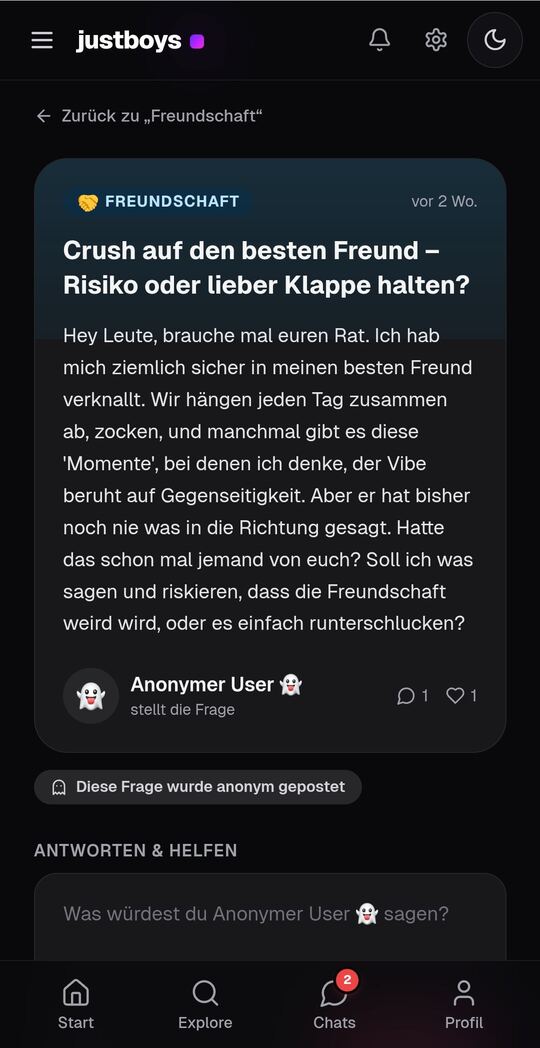 Screenshot: Real-Talk-Ansicht in der justboys-App, anonyme Fragen zu Coming-out und Familie