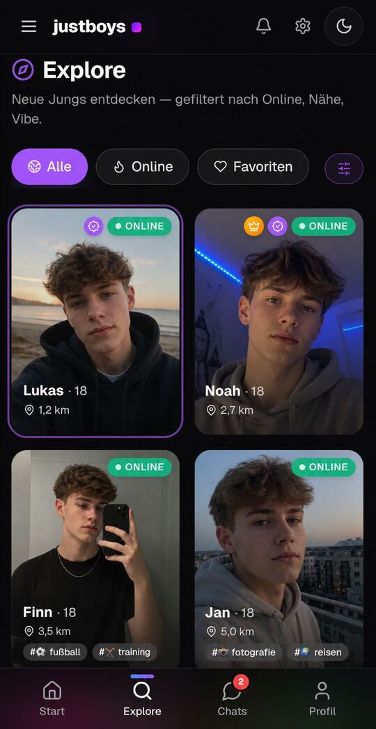 Screenshot: Profil-Ansicht in der justboys-App mit verifiziertem Realness-Häkchen