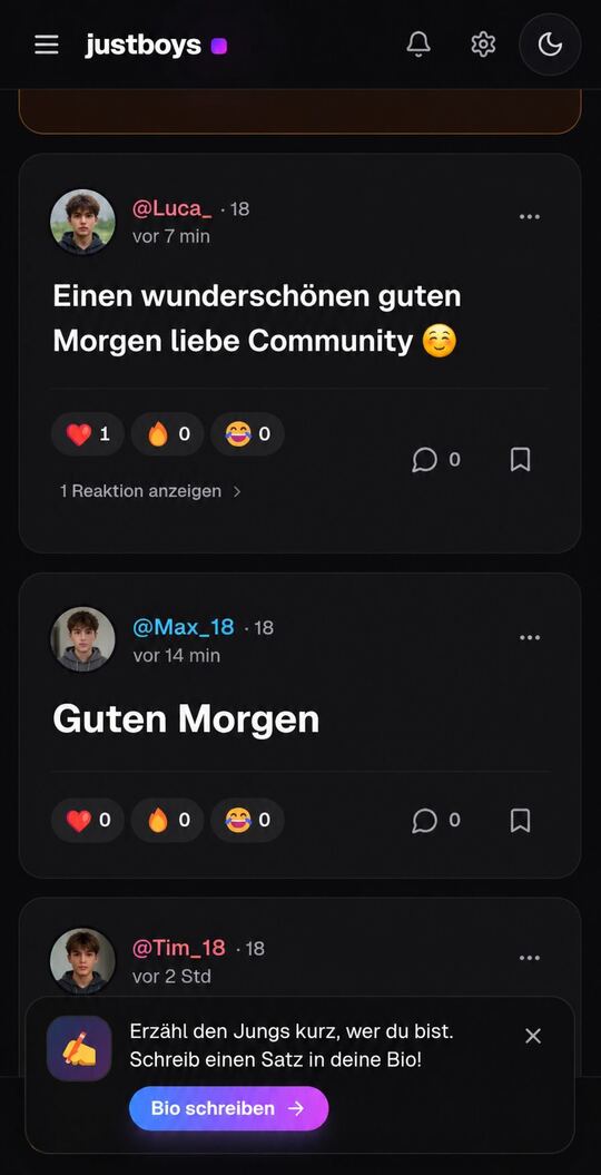 Screenshot: Feed-Ansicht in der justboys-App, Posts aus der Community queerer Jungs