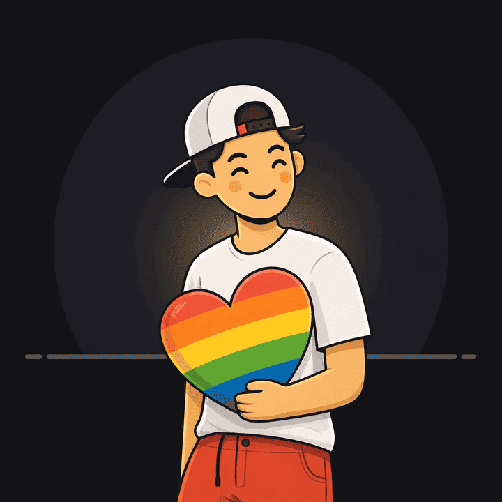 Junger queerer Teenager hält ein Herz in Regenbogenfarben