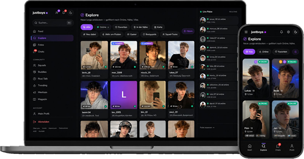 justboys-App auf Laptop und Smartphone mit der Explore-Ansicht
